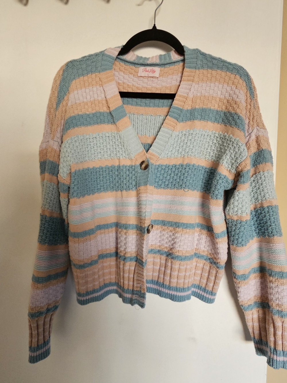 Pink Lily Pastel Striped V-Neck Button Cardigan in Mint, Blush & Beige